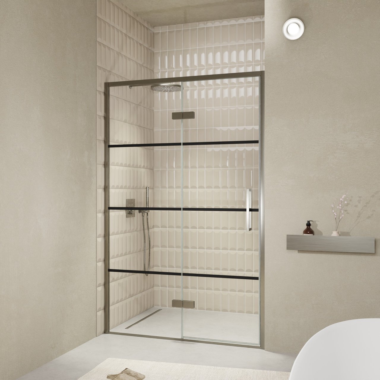 Balmani Senses Design douche draaideur links 140 cm x 210 cm Lined glas, Brushed GunMetal profielen, met coating