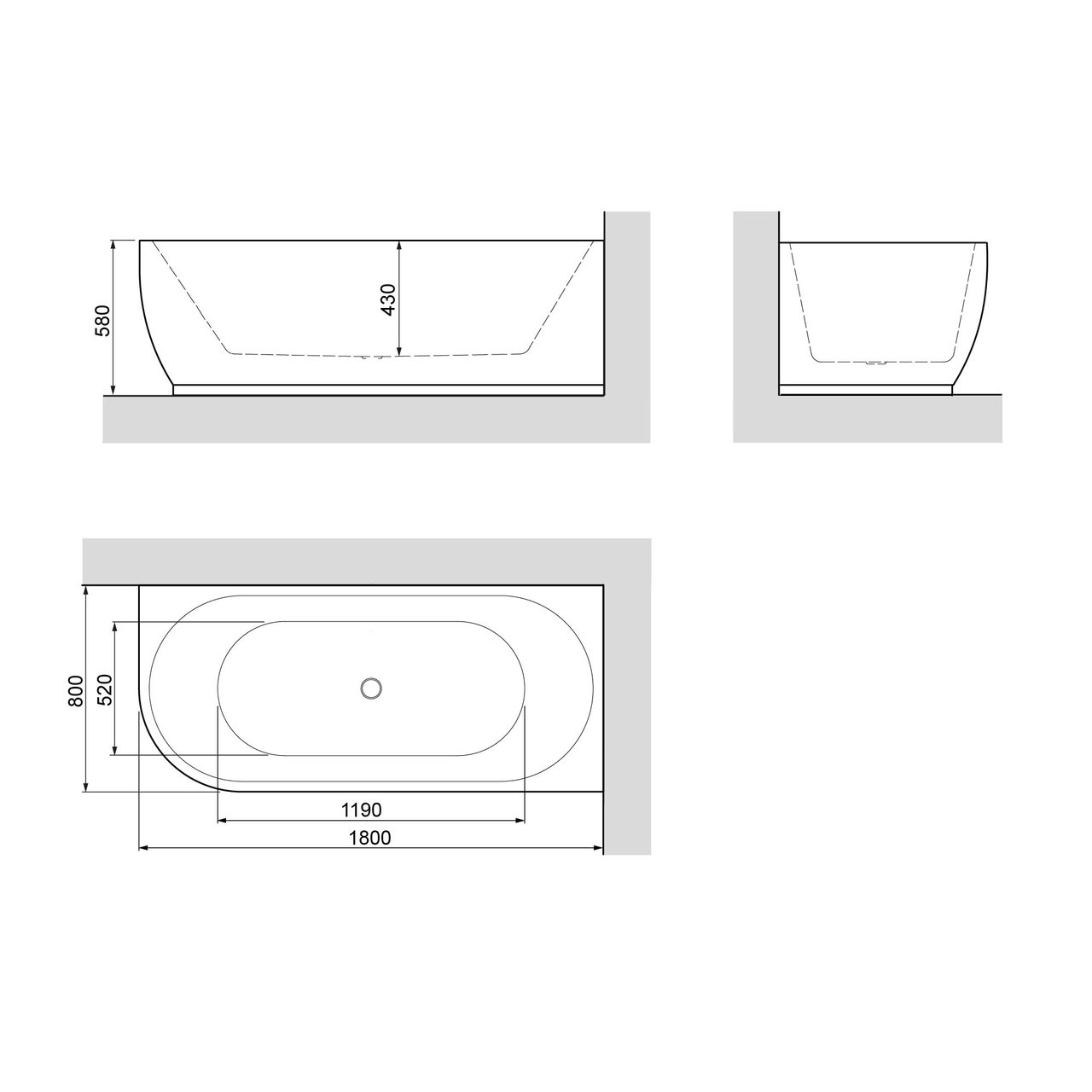 Linie Paulo baignoire d'angle droite duo 180 x 80 cm acrylique blanc mat