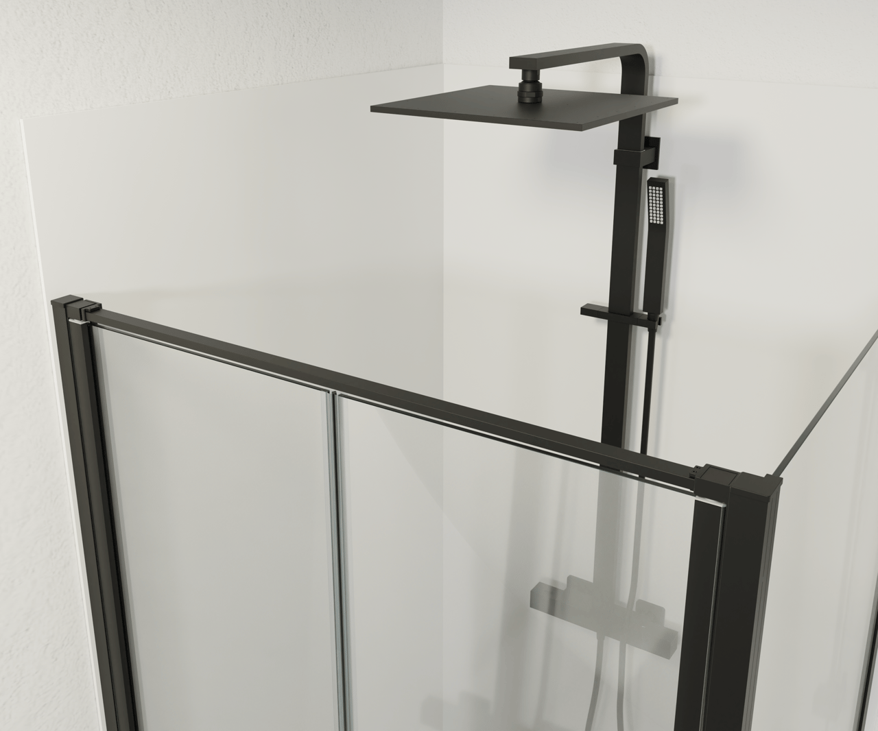 Luca Varess Kuresa Eckdusche: Pendeltür, fixierte Seitenwand, 90 x 90 x 200 cm, Klarglas, Profil Schwarz