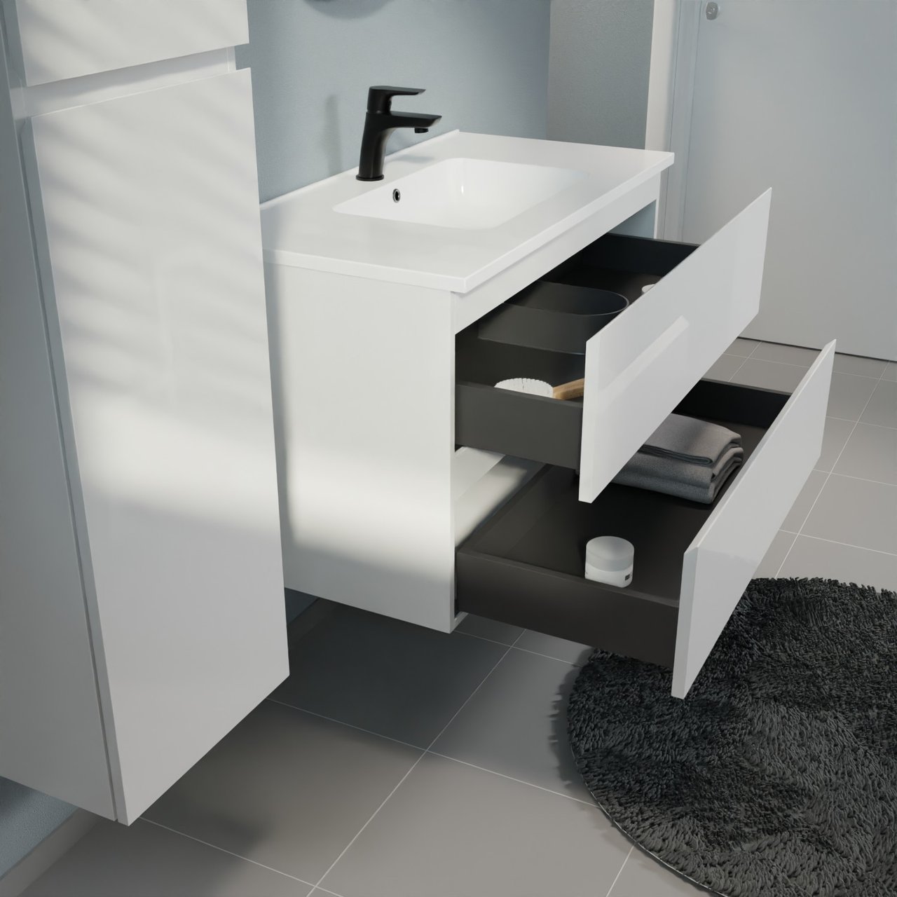 Linie Lado meuble salle de bains suspendu 90 x 46 cm blanc brillant avec Vano plan simple en marbre composite blanc brillant