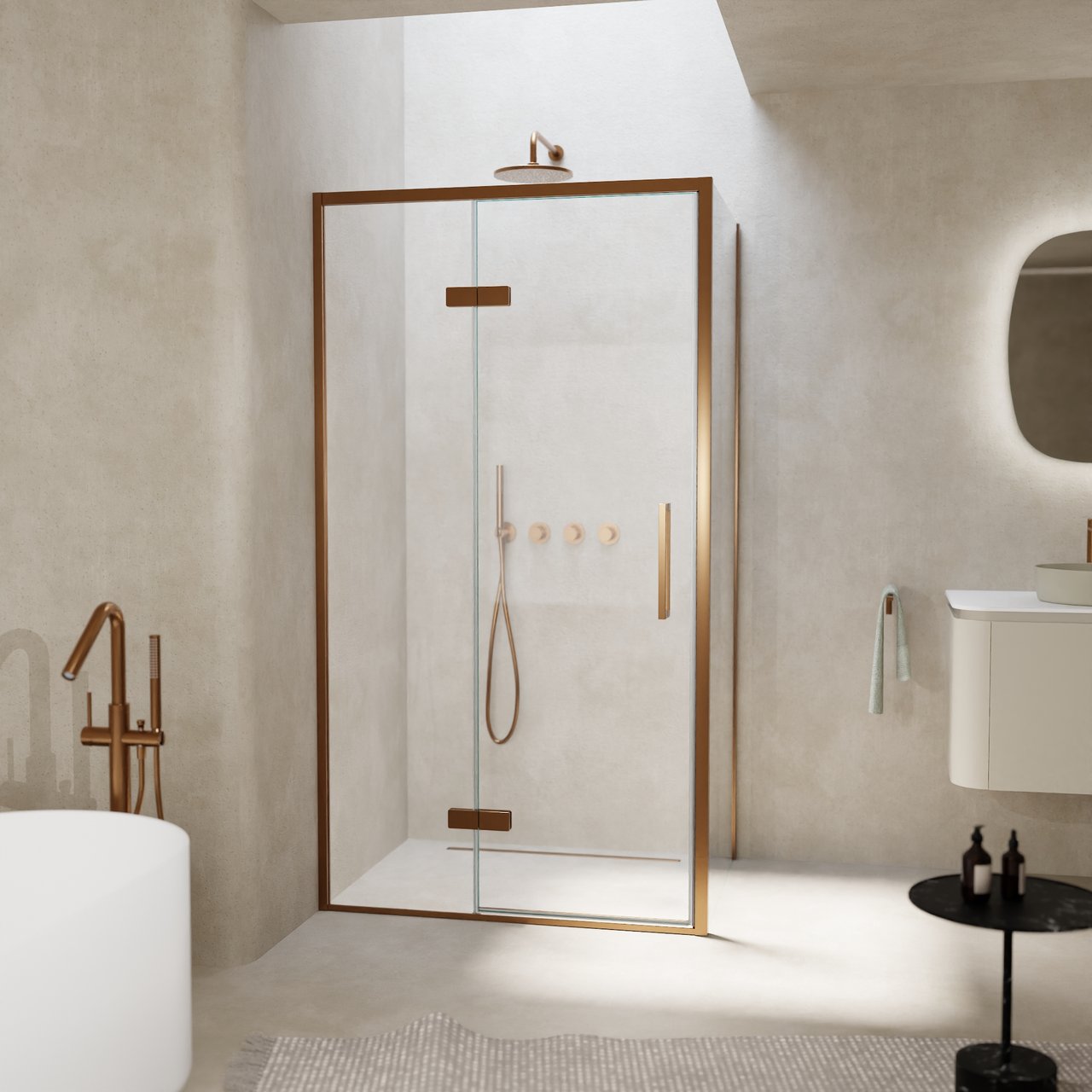 Balmani Senses Design douche en coin avec porte pivotante à gauche et paroi latérale fixe, 100 x 100 cm, Verre transparent, Profil Brushed Rosegold