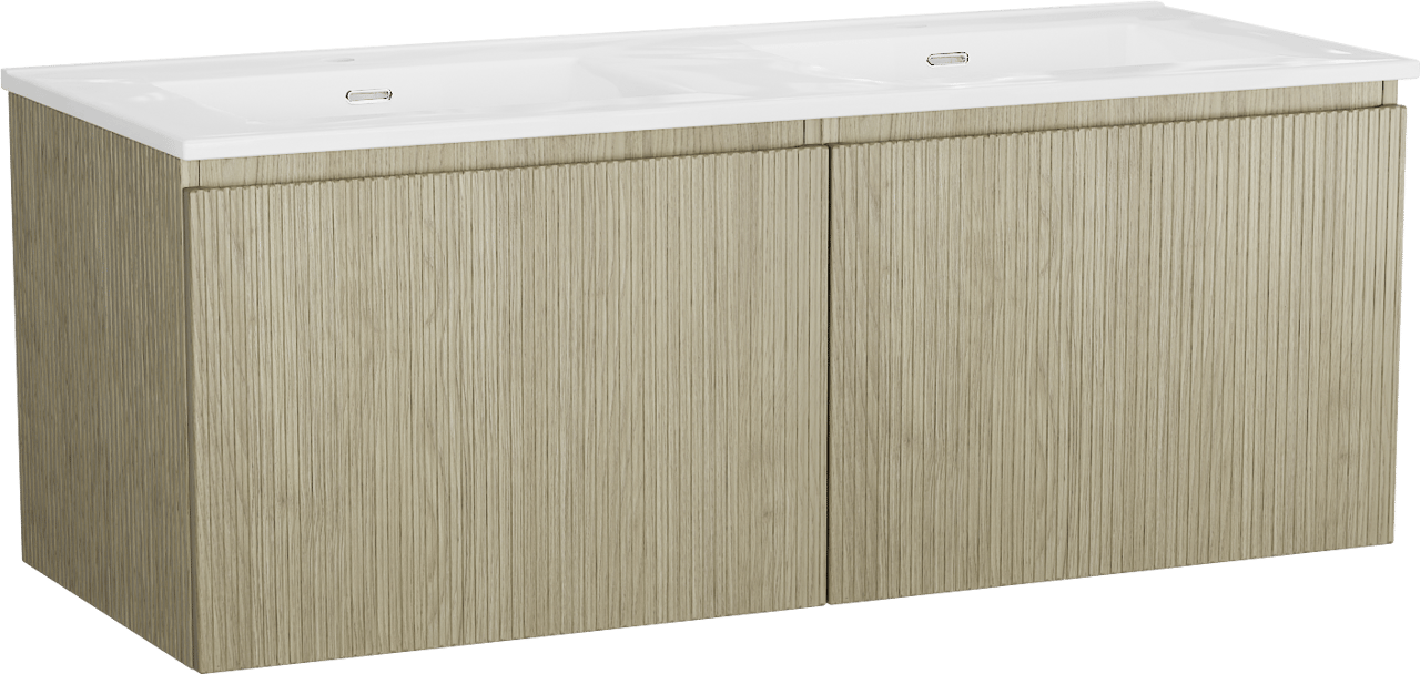 Storke Ribs meuble salle de bains suspendu 130 x 52 cm chêne brut avec Kera double vasque en porcelaine blanc brillant, Nervure droite symétrique verticale, bondes incluses