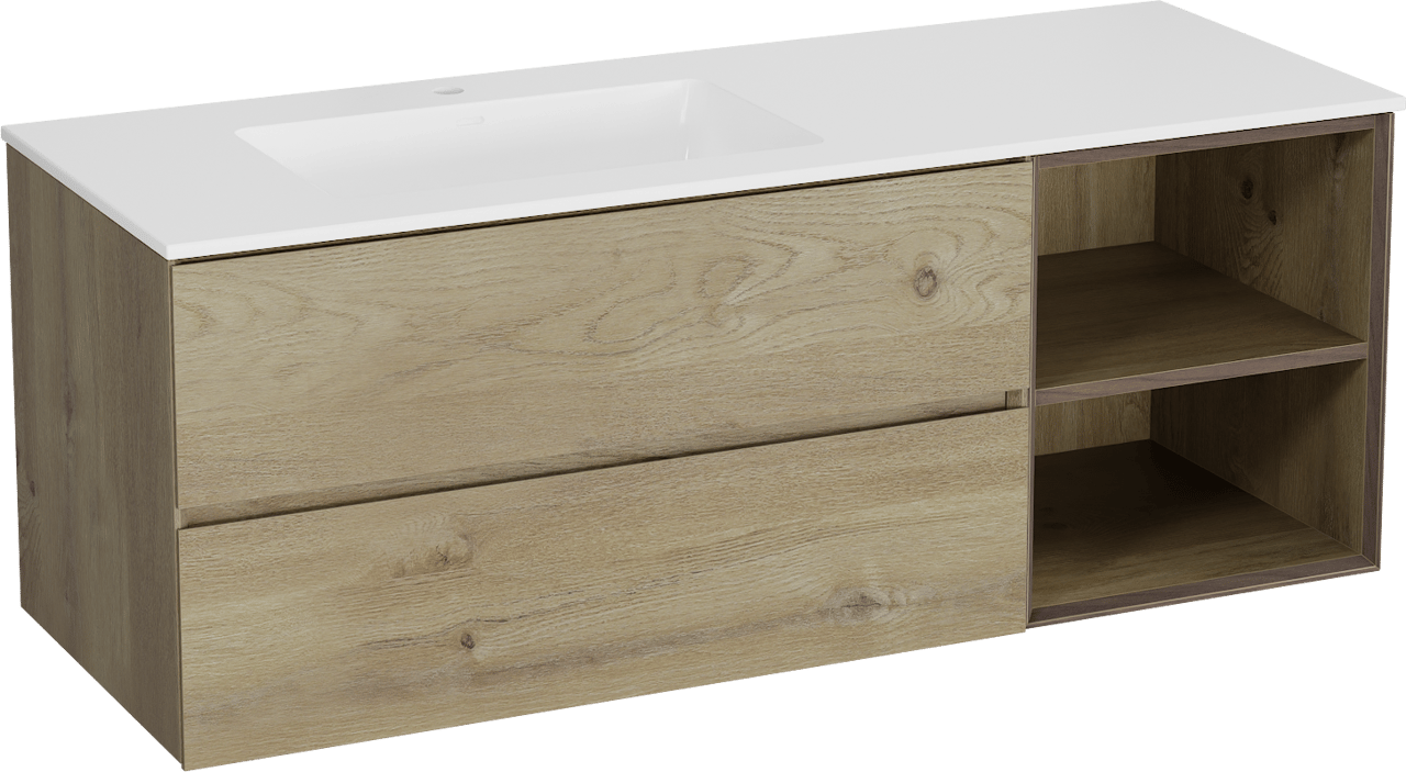 Storke Edge hängendes Möbelstück Set: 140 x 52 cm, Rohe Eiche, mit Bilia Waschtisch links, Marmorkomposit Weiß glänzend
