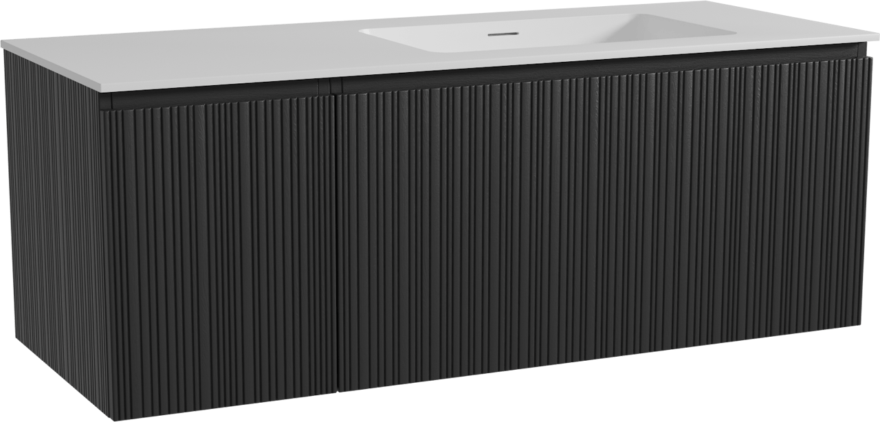 Storke Ribs zwevend badmeubel 130 x 52 cm zwart eiken met Mata asymmetrisch rechtse wastafel in solid surface mat wit, Verticale asymmetrische rechte ribbel