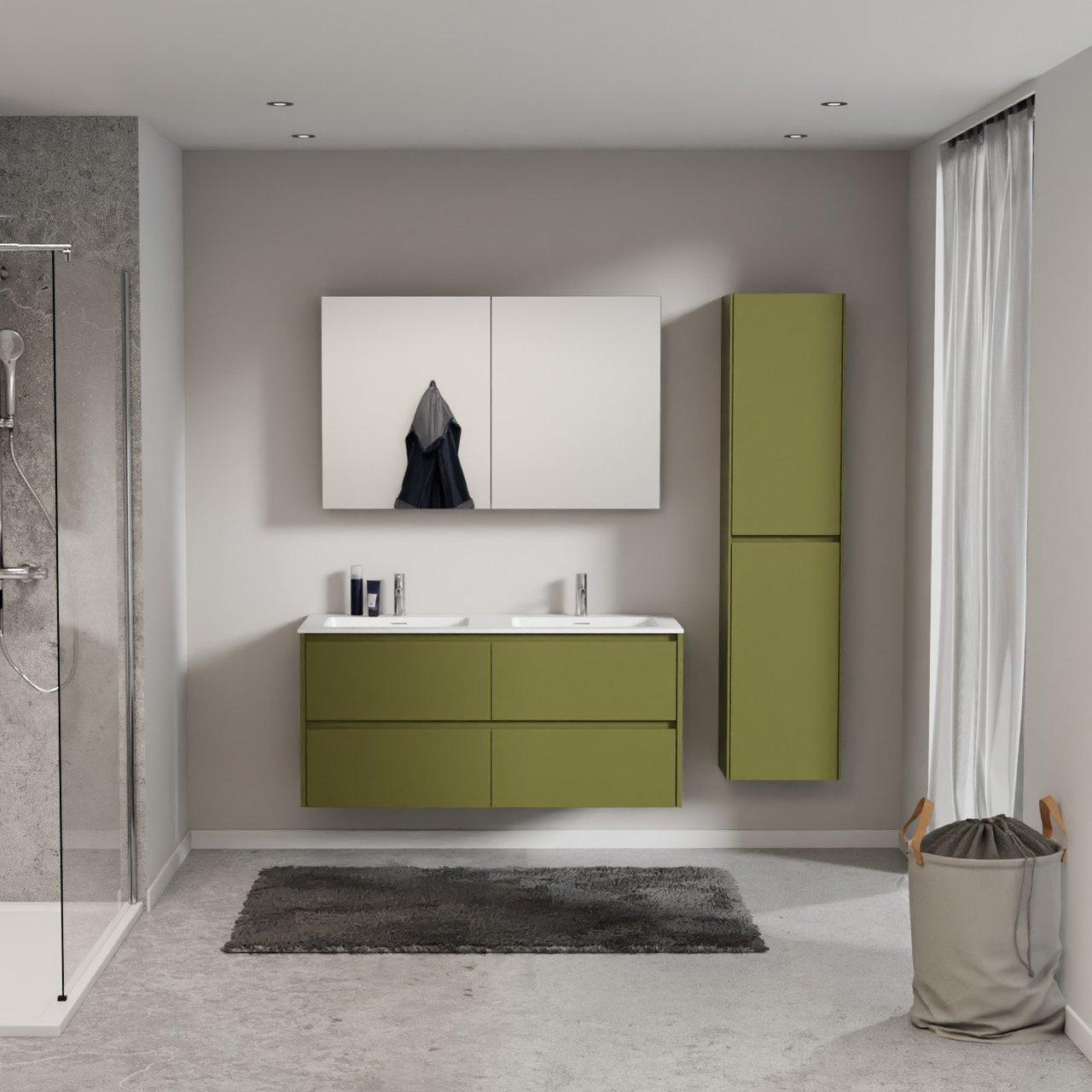 Storke Seda zwevend badmeubel 130 x 52 cm olijfgroen met Mata dubbele wastafel in solid surface mat wit