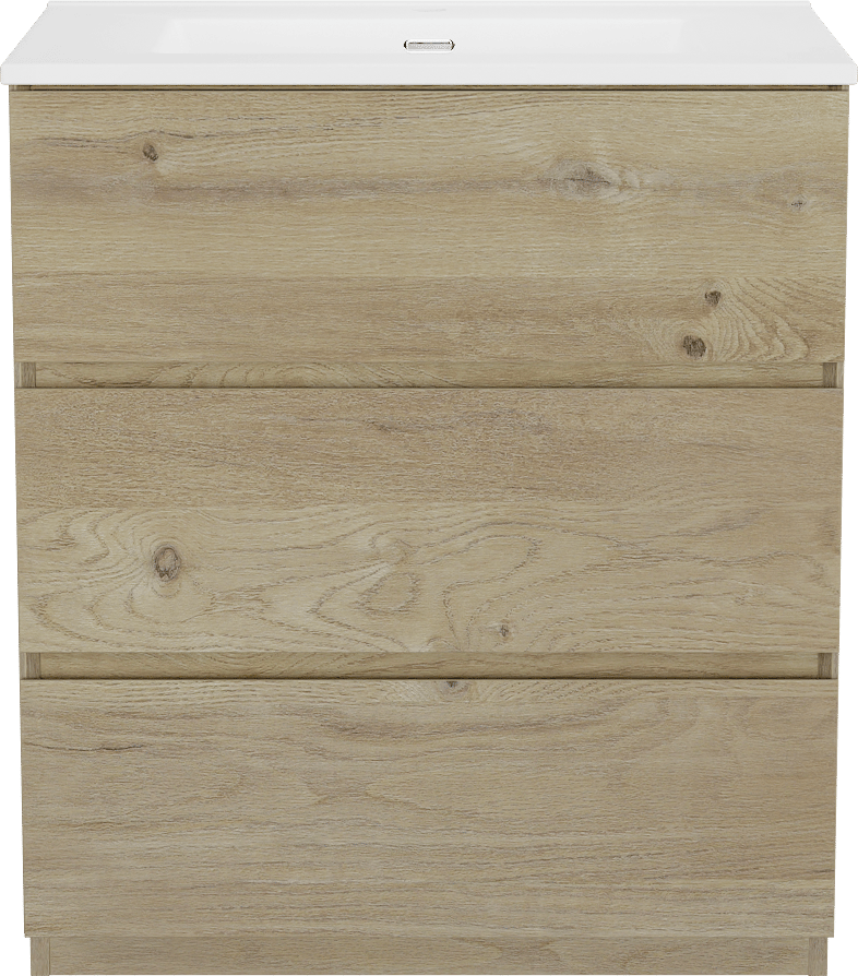 Storke Edge freistehendes Möbelstück Set: 75 x 52 cm, Rohe Eiche, mit Kera Einzelwaschtisch, Porzellan Weiß matt, inklusive Ablaufventil