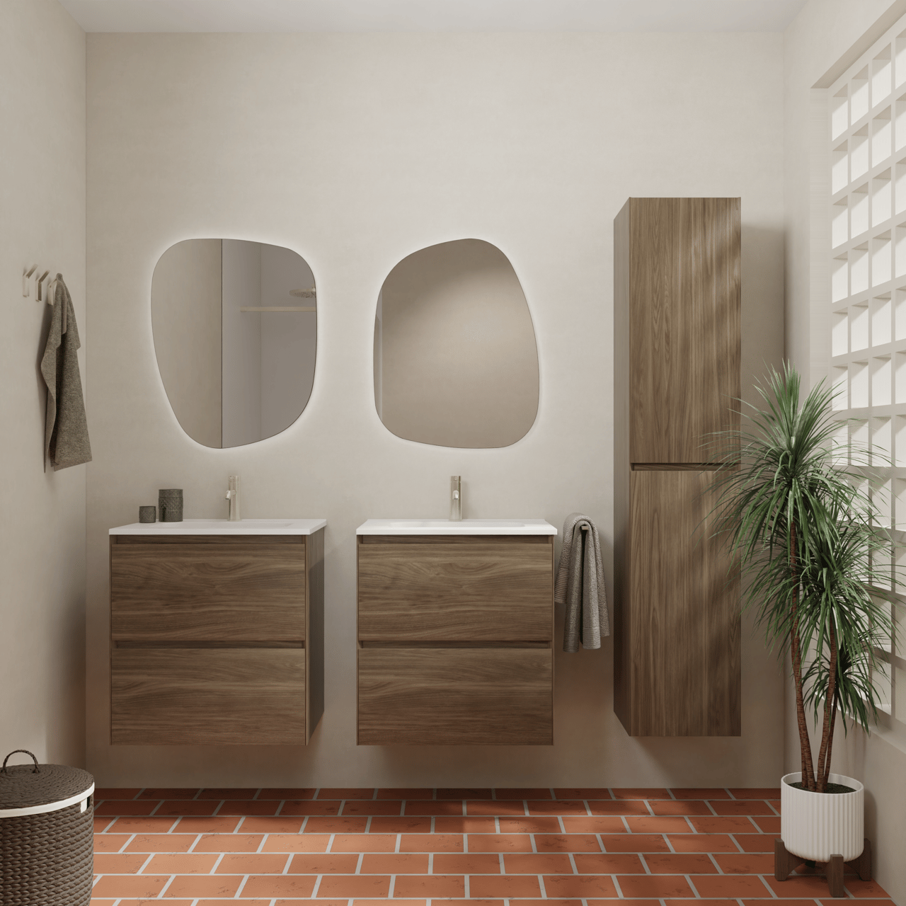 Balmani Mitra Compact meuble salle de bains suspendu 60 x 46 cm Noyer américain avec Nostra plan simple en porcelaine blanc mat