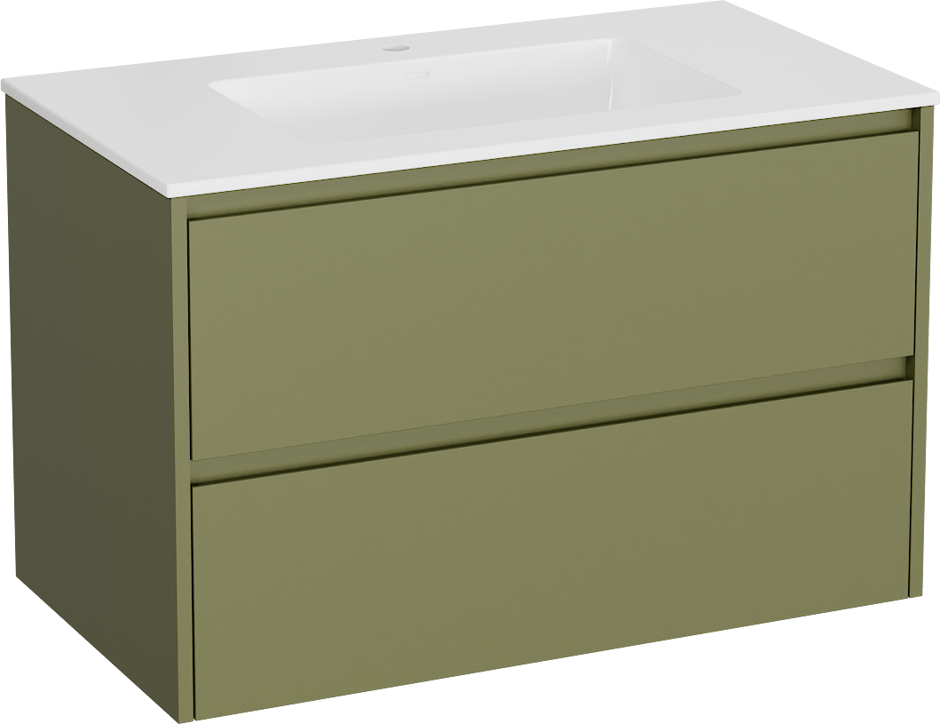 Storke Seda zwevend badkamermeubel 95 x 52 cm olijfgroen met Bilia enkele wastafel in composietmarmer glanzend wit