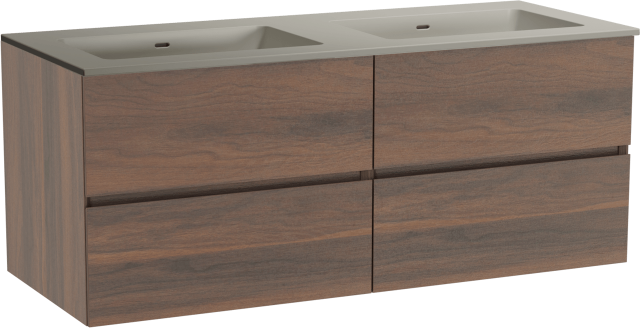Storke Edge zwevend badkamermeubel 130 x 52 cm notelaar met Diva dubbele wastafel in top solid zijdegrijs