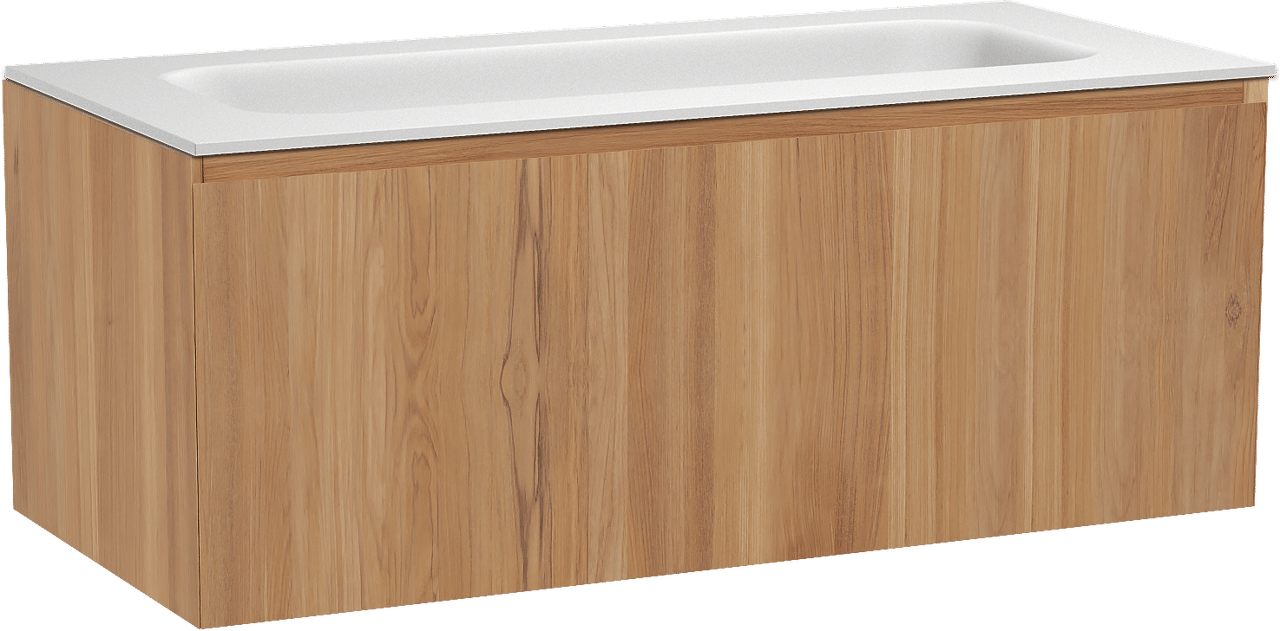 Balmani Idra by Mitra zwevend badkamermeubel 120 x 55 cm teak met Tablo Arcato enkele wastafel voor 2 kraangaten in solid surface mat wit