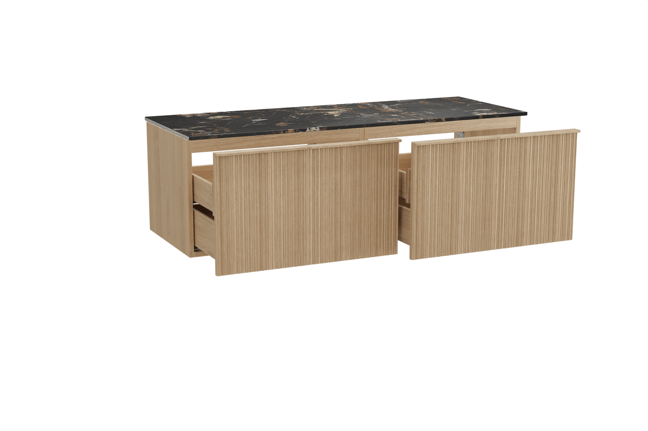Balmani Forma zwevend badkamermeubel 150 x 55 cm natuur eik met Stretto enkel of dubbel tablet in marmer portoro gold, Verticale asymmetrische ronde ribbel