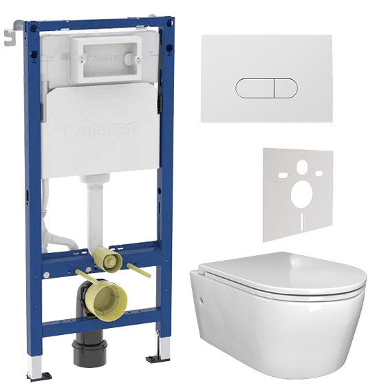 Luca Varess Zeno wc suspendu blanc brillant sans bride avec Geberit Duofix UP100 Delta bâti-support et plaque de commande