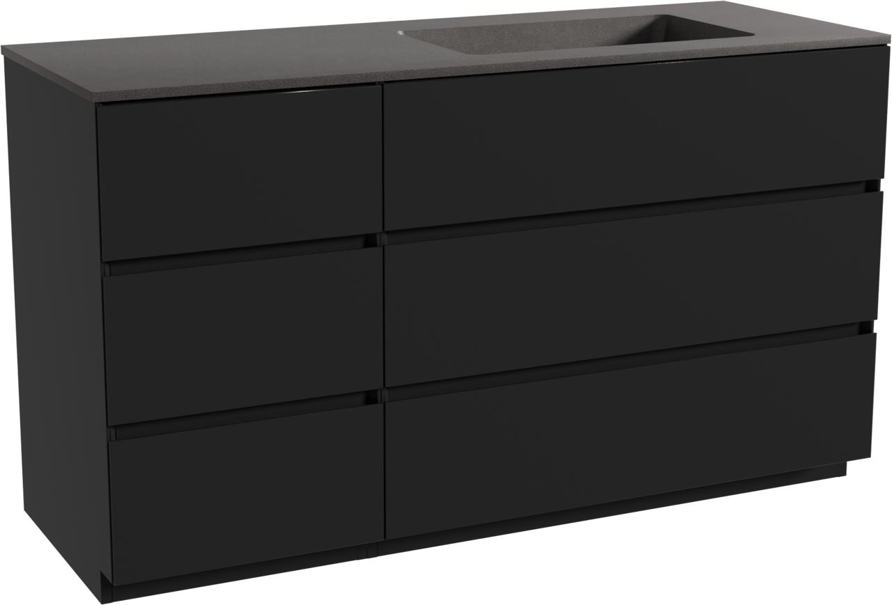 Storke Edge staand badmeubel 140 x 52 cm mat zwart met Scuro asymmetrisch rechtse wastafel in kwarts mat zwart