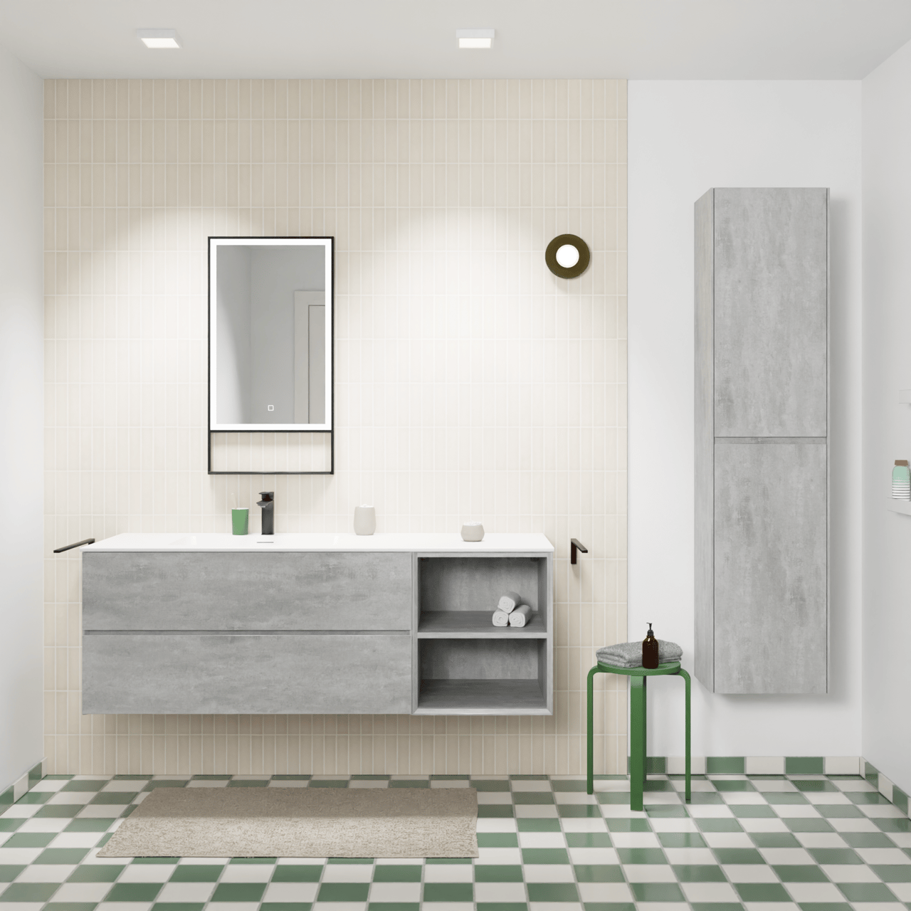 Storke Edge zwevend badkamermeubel 150 x 52 cm beton donkergrijs met Mata asymmetrisch linkse wastafel in solid surface mat wit