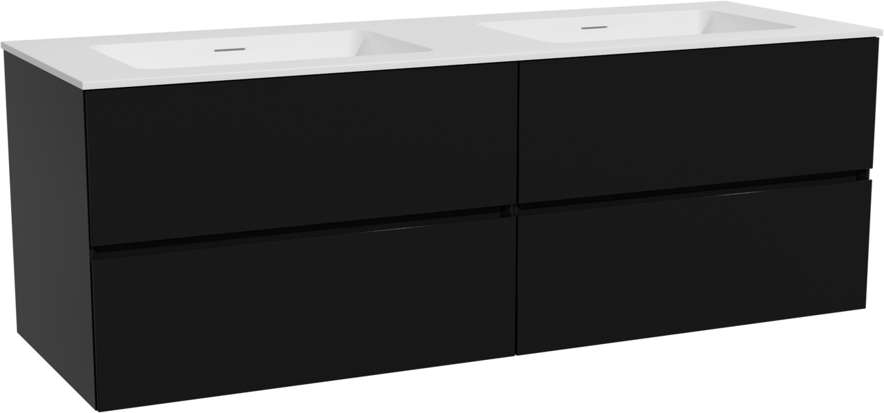 Storke Edge zwevend badkamermeubel 150 x 52 cm mat zwart met Mata dubbele wastafel in solid surface mat wit