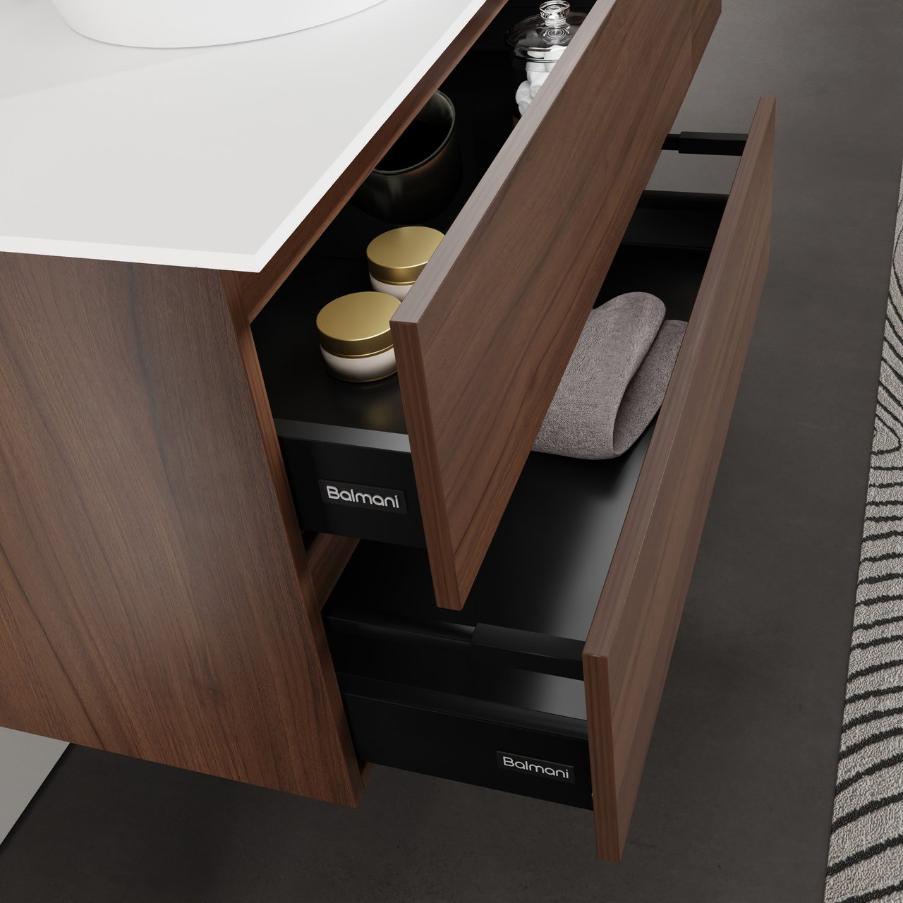 Balmani Lucida meuble salle de bains suspendu 120 x 55 cm noyer américain avec Stretto tablette simple ou double en solid surface blanc mat