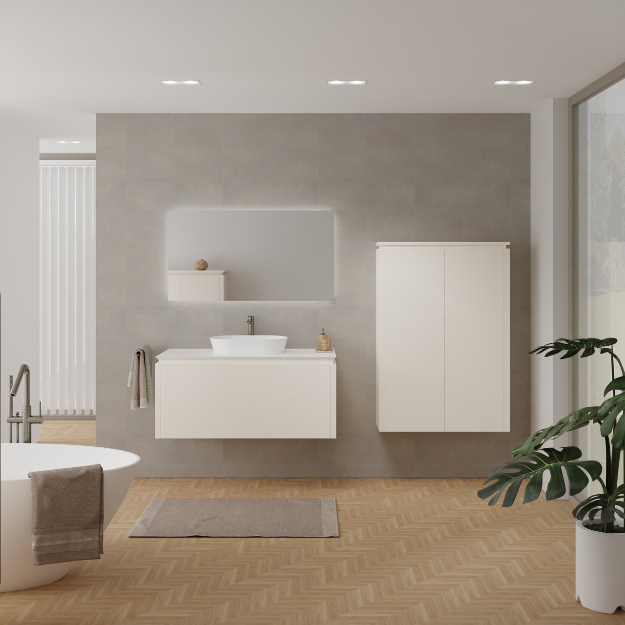 Balmani Eclips zwevend badmeubel 120 x 55 cm Sandbeige met Eclips enkel of dubbel wastafelblad in Solid Surface mat wit