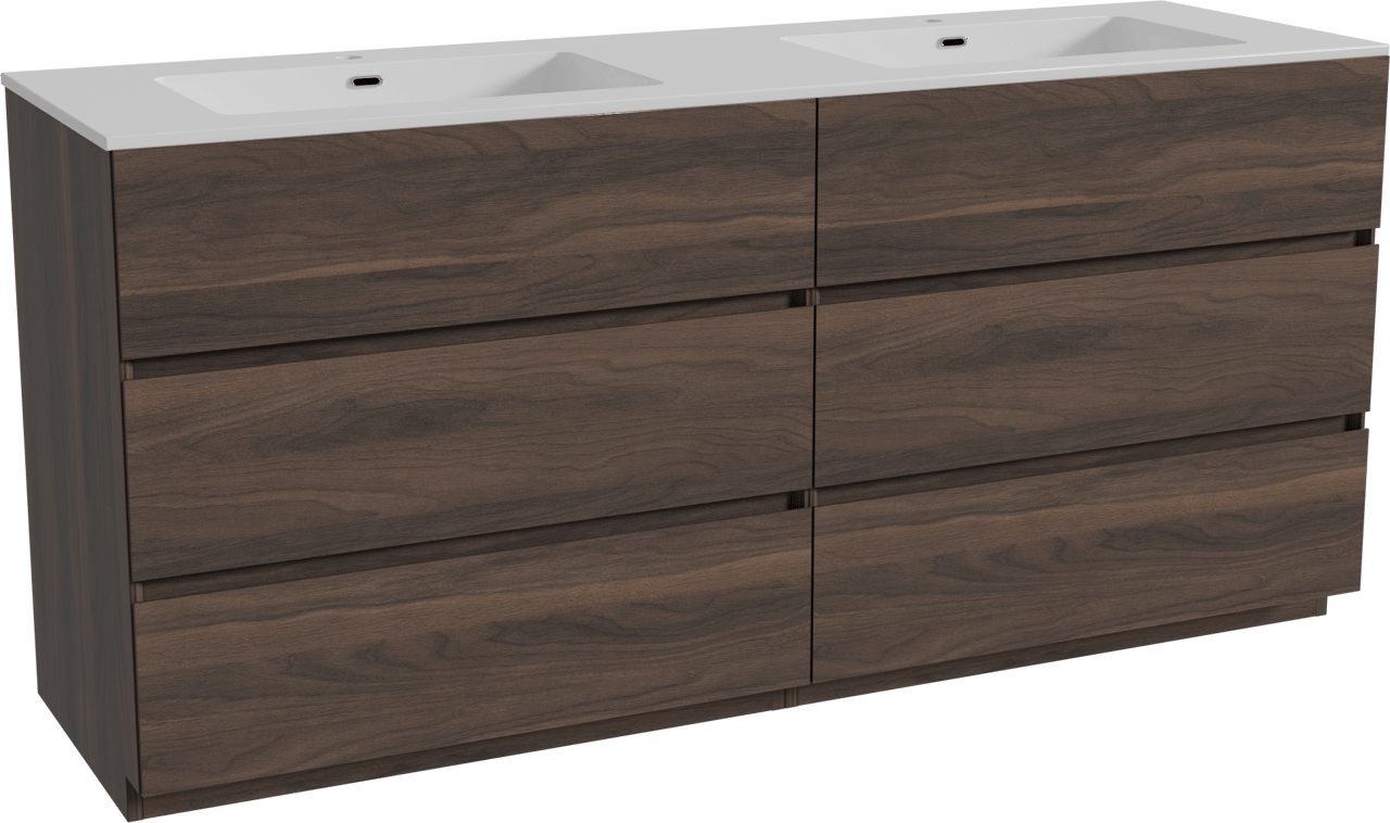 Storke Edge staand badmeubel 170 x 52 cm notenhout met Diva dubbele wastafel in composietmarmer hoogglans wit