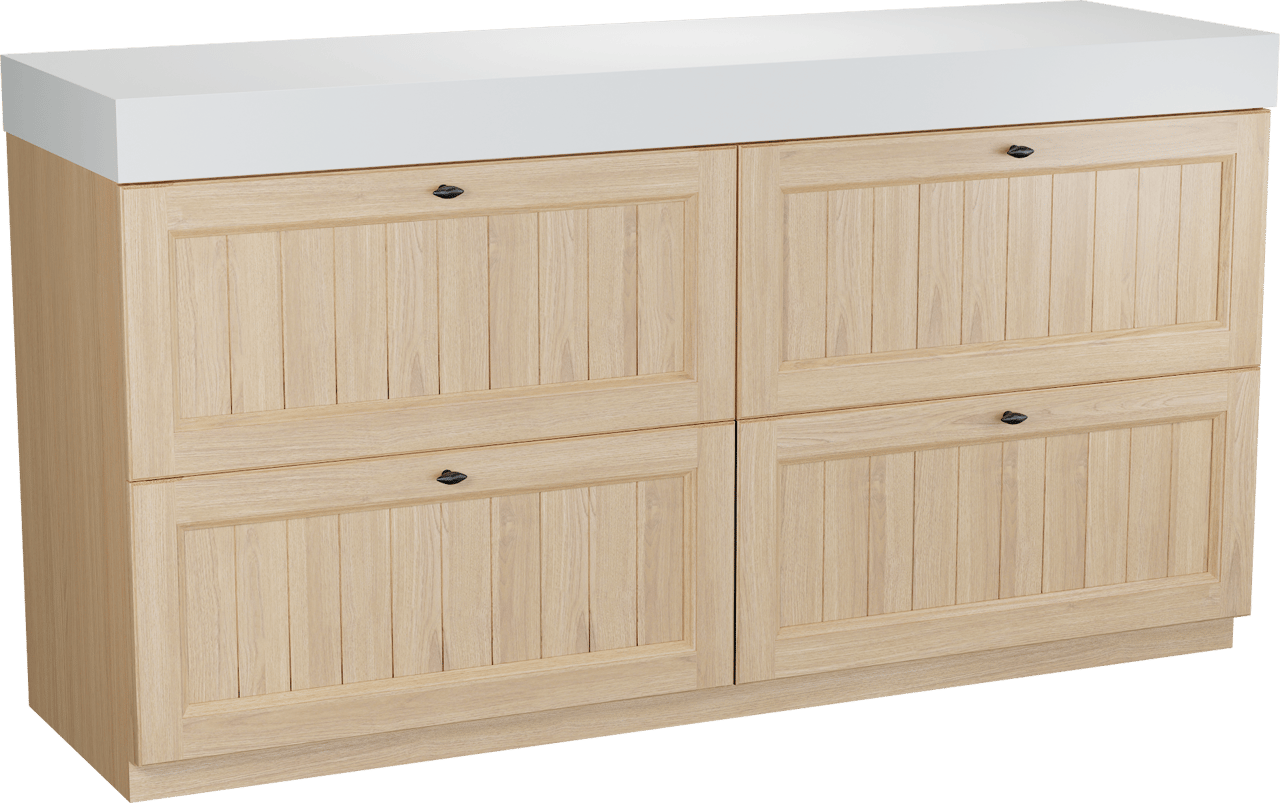Balmani Lemon freistehendes Möbelstück Set: 180 x 55 cm, Naturbelassene Eiche Furnier, mit Dominus Einzel- oder Doppel Waschtischplatte, Weiß matt