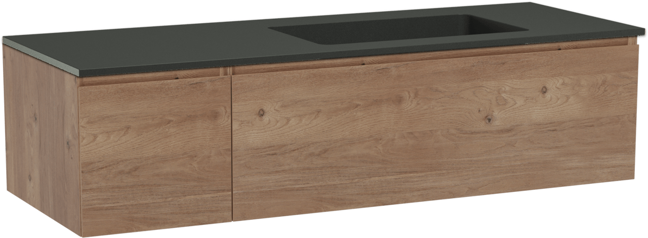 Storke Edge zwevend badkamermeubel 140 x 52 cm ruwe eik met Scuro asymmetrisch rechtse wastafel in kwarts mat zwart