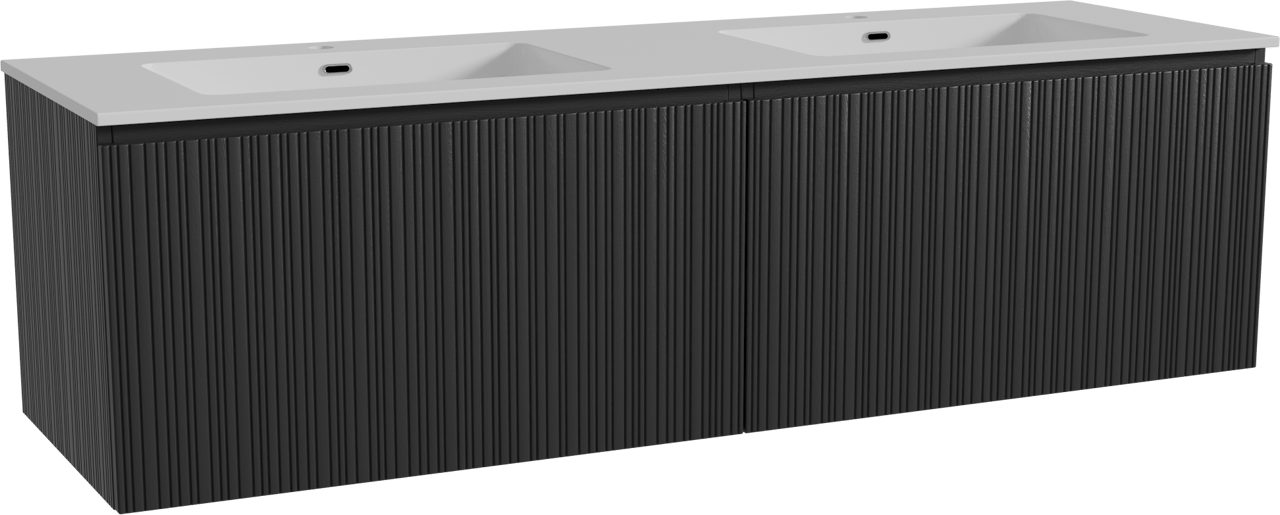 Storke Ribs zwevend badmeubel 170 x 52 cm zwart eiken met Diva dubbele wastafel in composietmarmer hoogglans wit, Verticale asymmetrische rechte ribbel