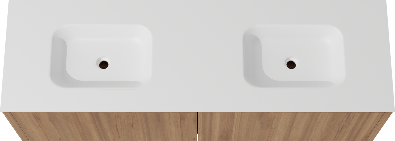 Balmani Eclips hängendes Möbelstück Set: 180 x 55 cm, Teak, mit Tablo Arcato Doppelwaschtisch Solid Surface Weiβ matt