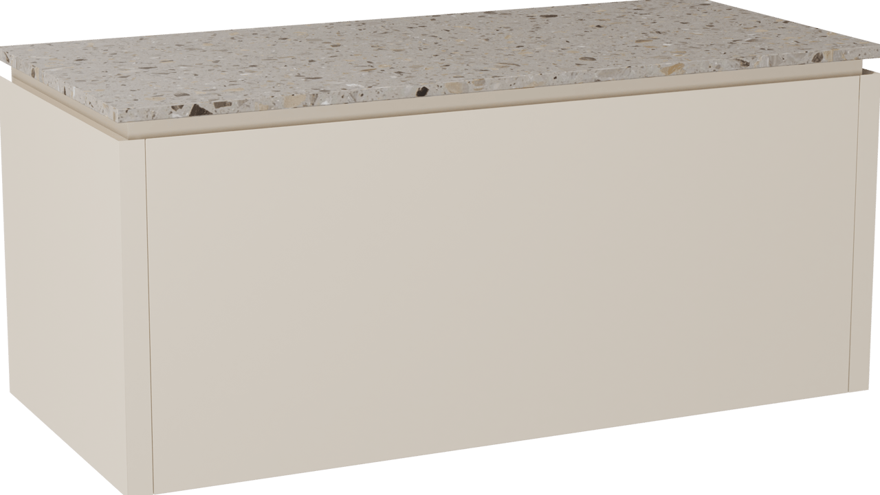 Balmani Eclips zwevend badkamermeubel 120 x 55 cm Sandbeige met Stretto enkel of dubbel tablet in Greige terrazzo