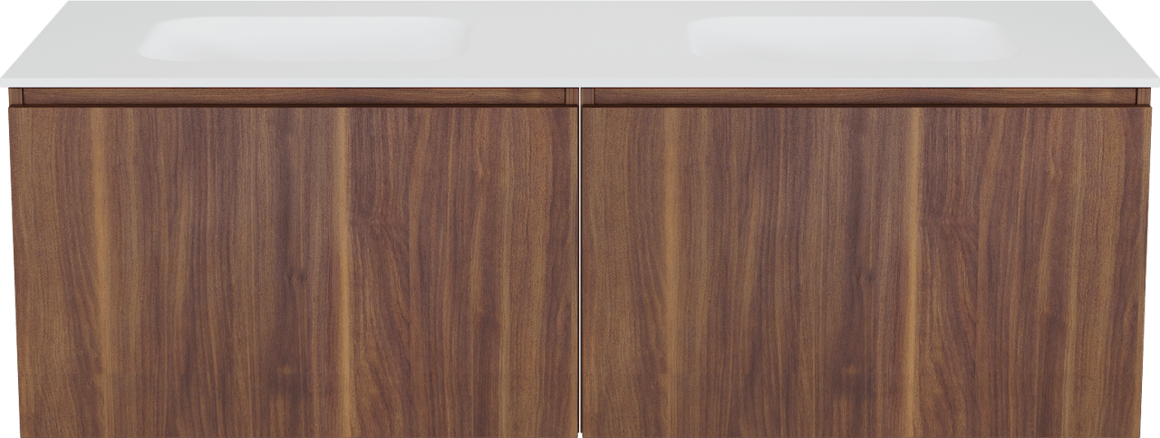 Balmani Sfera by Lucida zwevend badkamermeubel 150 x 55 cm amerikaanse notelaar met Tablo Arcato dubbele wastafel in solid surface mat wit