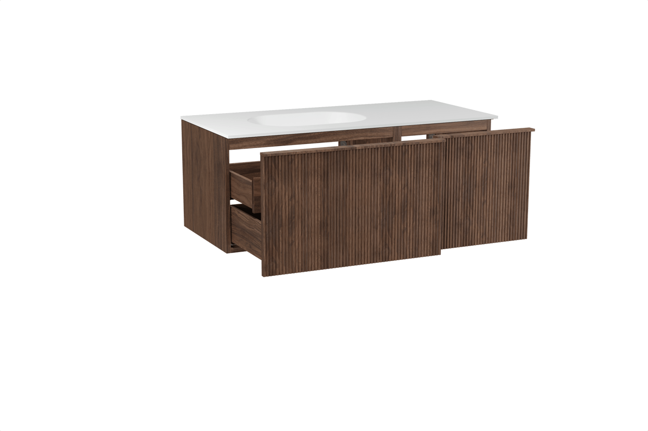 Balmani Forma hängendes Möbelstück Set: 120 x 55 cm, Amerikanischer Nussbaum, mit Tablo Oval Waschtisch links, Solid Surface, Weiß matt, Vertikale symmetrische gerade Rippe