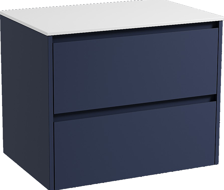 Storke Seda zwevend badkamermeubel 75 x 52 cm nachtblauw met Tavola enkel tablet in solid surface mat wit
