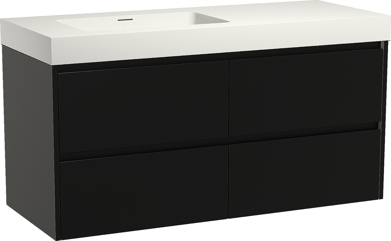 Storke Seda zwevend badmeubel 130 x 52 cm mat zwart met Mata High asymmetrisch linkse wastafel in solid surface mat wit