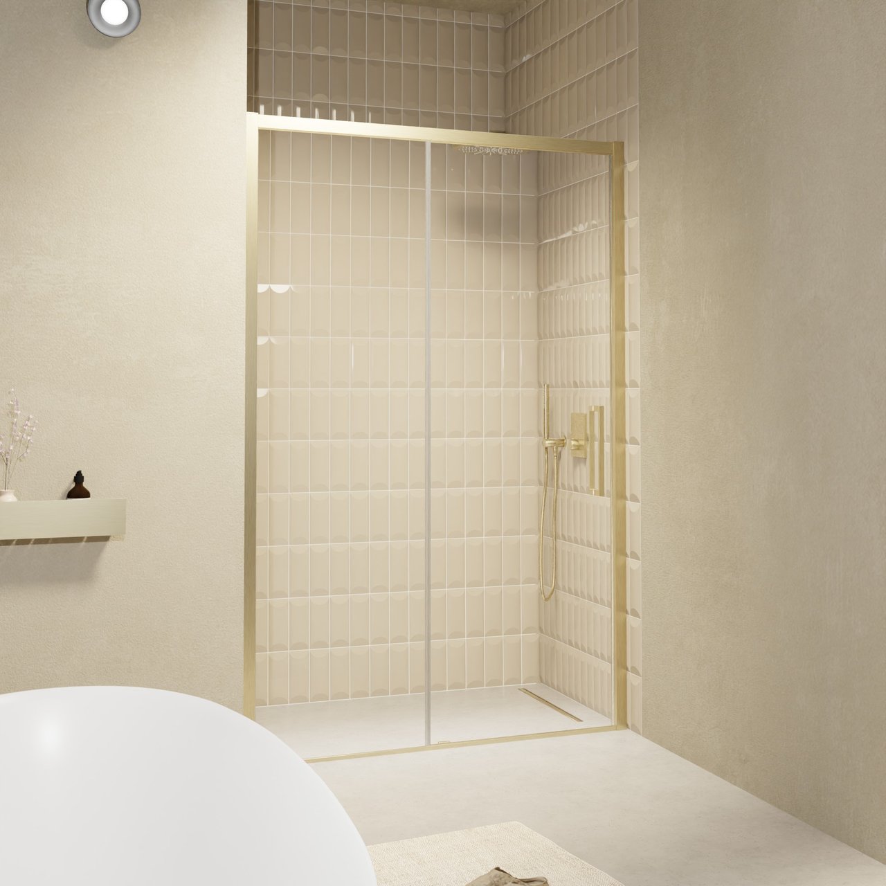Balmani Senses Design Dusche Schiebetür, umkehrbar, 120 cm x 210 cm, Klarglas, Profil Brushed Champagner Gold