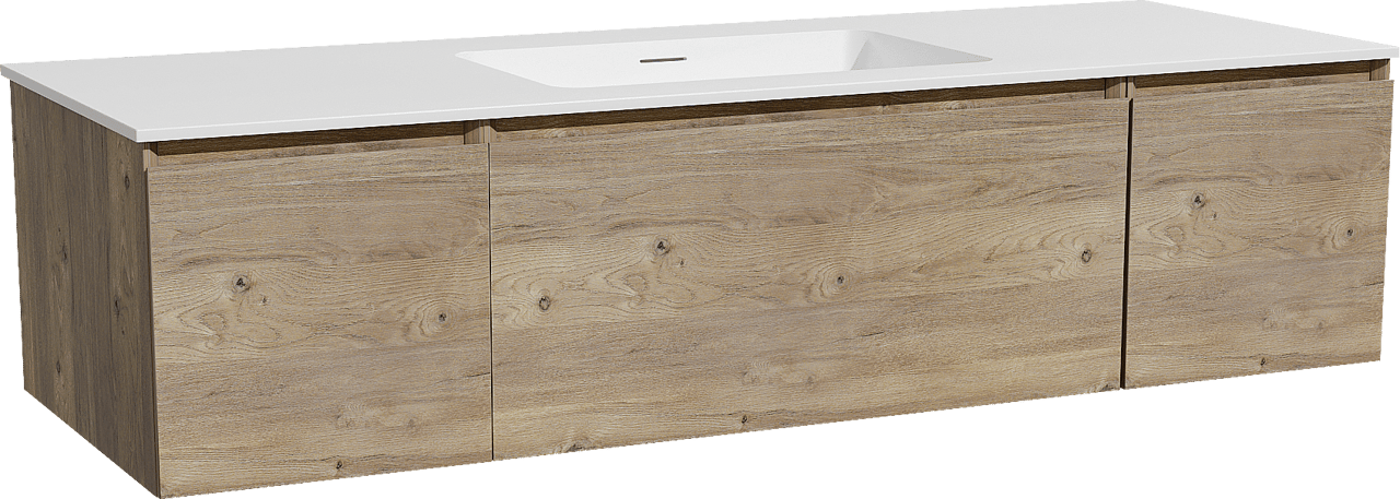 Storke Edge zwevend badkamermeubel 145 x 52 cm ruwe eik met Mata enkele wastafel in solid surface mat wit