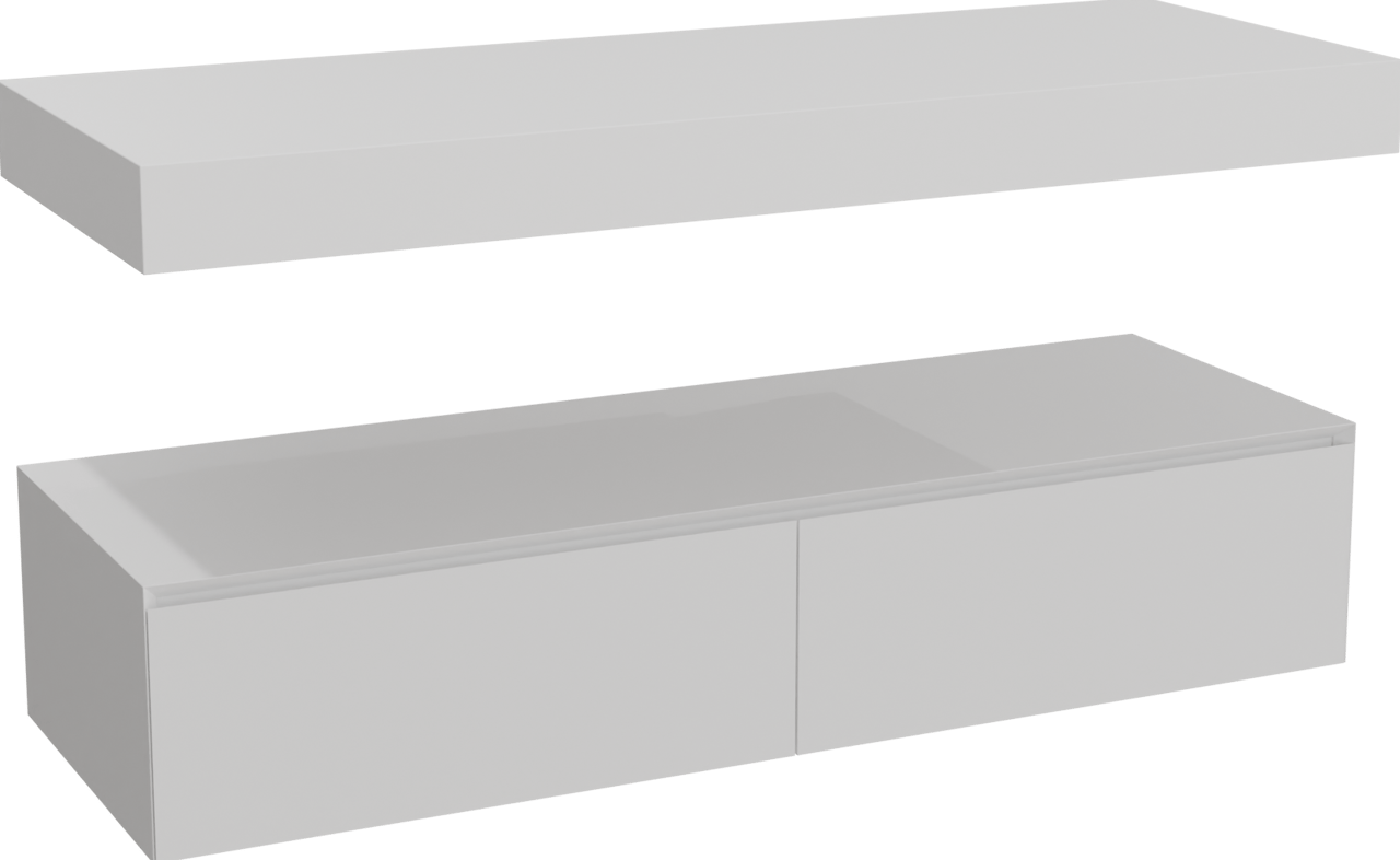 Balmani Mitra Elements hängendes Möbelstück Set: 150 x 55 cm, Weiß matt mit Dominus Einzel- oder Doppel Waschtischplatte, Solid Surface Weiß matt