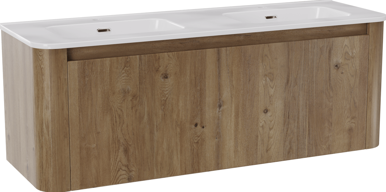 Storke Soft meuble salle de bains suspendu 140 x 46 cm chêne brut avec Kera Soft double vasque en porcelaine blanc brillant