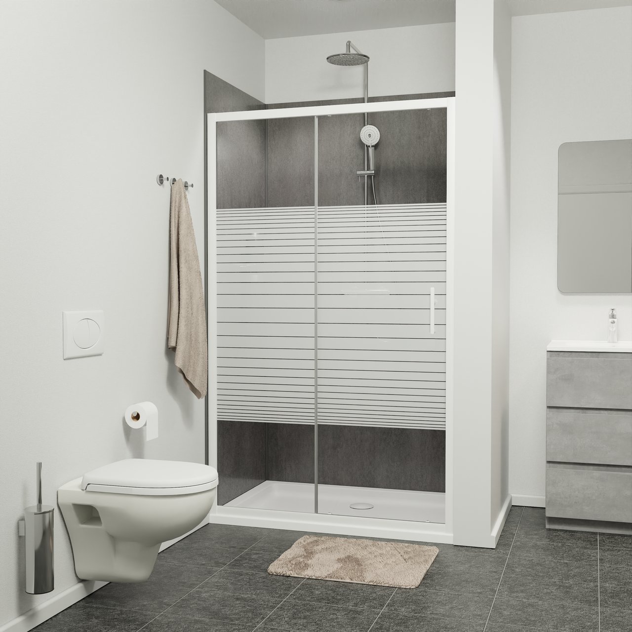 SanyOne Anton porte coulissante 120 cm x 190 cm verre À rayures profil blanc brillant
