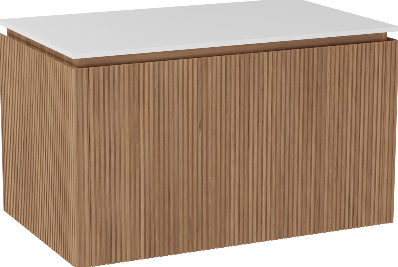 Balmani Eclips meuble salle de bains suspendu 90 x 55 cm Teck avec Stretto tablette simple en Solid Surface blanc mat, Nervure droite symétrique verticale