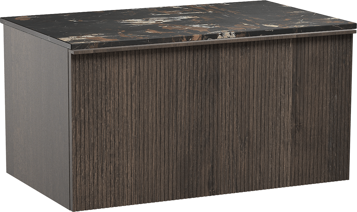 Balmani Forma zwevend badkamermeubel 90 x 55 cm gerookte eik met Stretto enkel tablet in marmer portoro gold, Verticale symmetrische rechte ribbel
