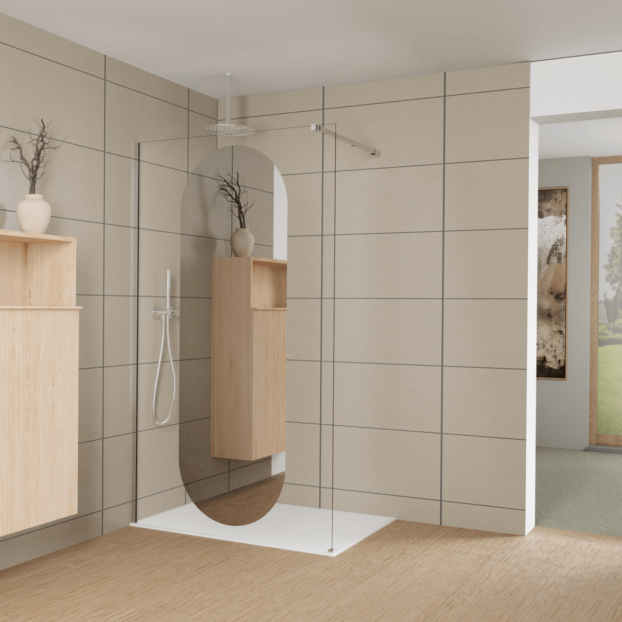 Balmani Modular douche à l'italienne: 120 x 200 cm, Miroir reflex ovale, Profil Chrome brillant