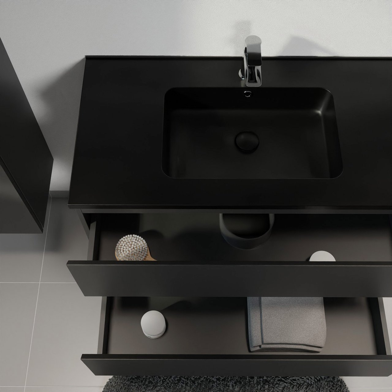 Linie Lado hängendes Möbelstück Set: 80 x 46 cm, Schwarz matt, mit Vano Einzelwaschtisch, Marmorkomposit Schwarz matt