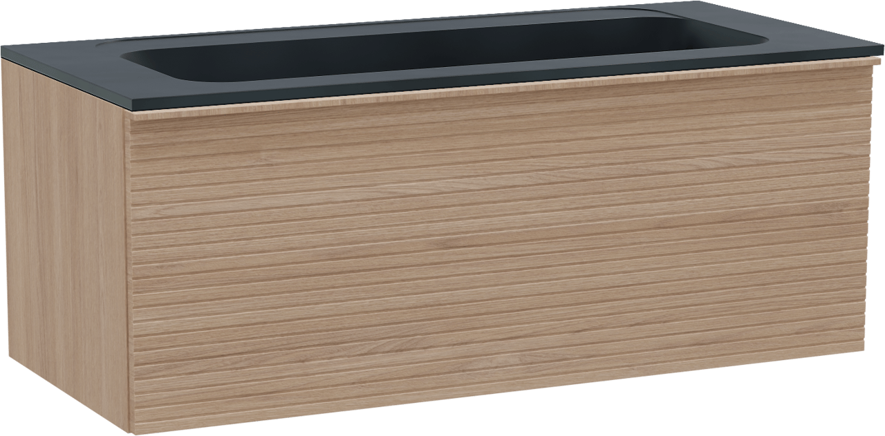 Balmani Forma meuble salle de bains suspendu 120 x 55 cm chêne naturel avec Tablo Strada lavabo simple pour 2 trous de robinet en marbre composite noir mat, Nervure droite symétrique horizontale