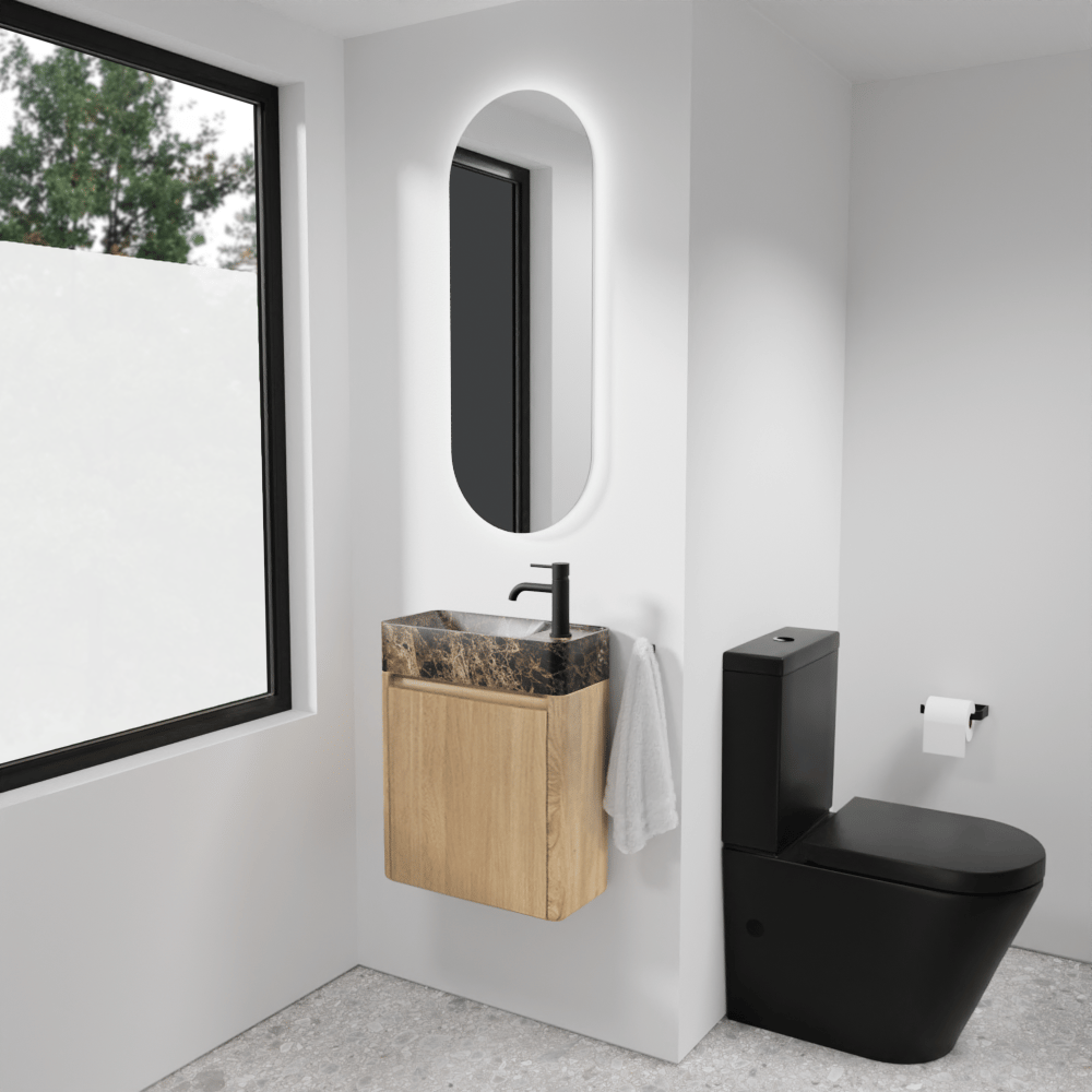 Balmani Fara meuble wc suspendu 45 x 22 cm chêne naturel avec Fara lavabo en marbre Dark Emperador