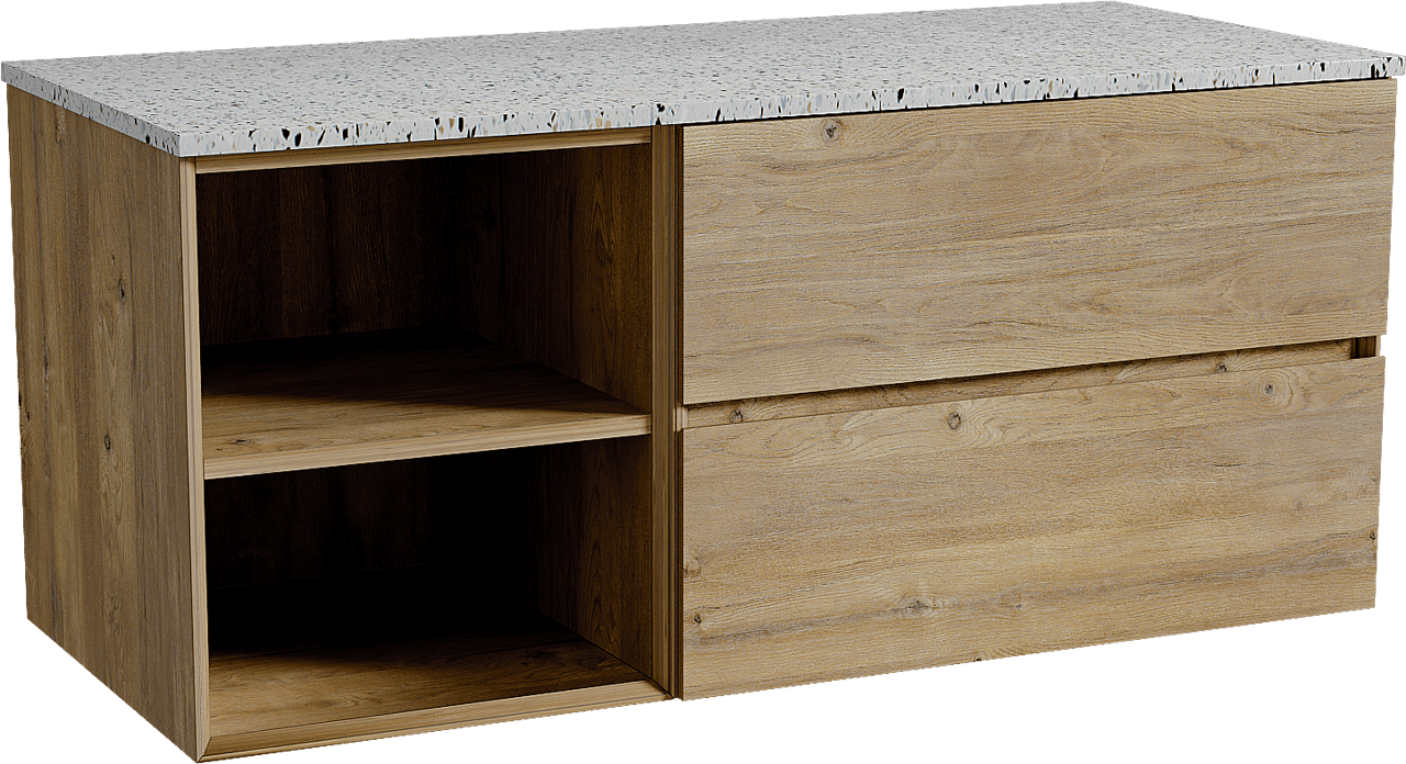 Storke Edge hängendes Möbelstück Set: 120 x 52 cm, Rohe Eiche, mit Tavola Einzel- oder Doppel Waschtischplatte, Terrazzo in Weiß/Schwarz matt