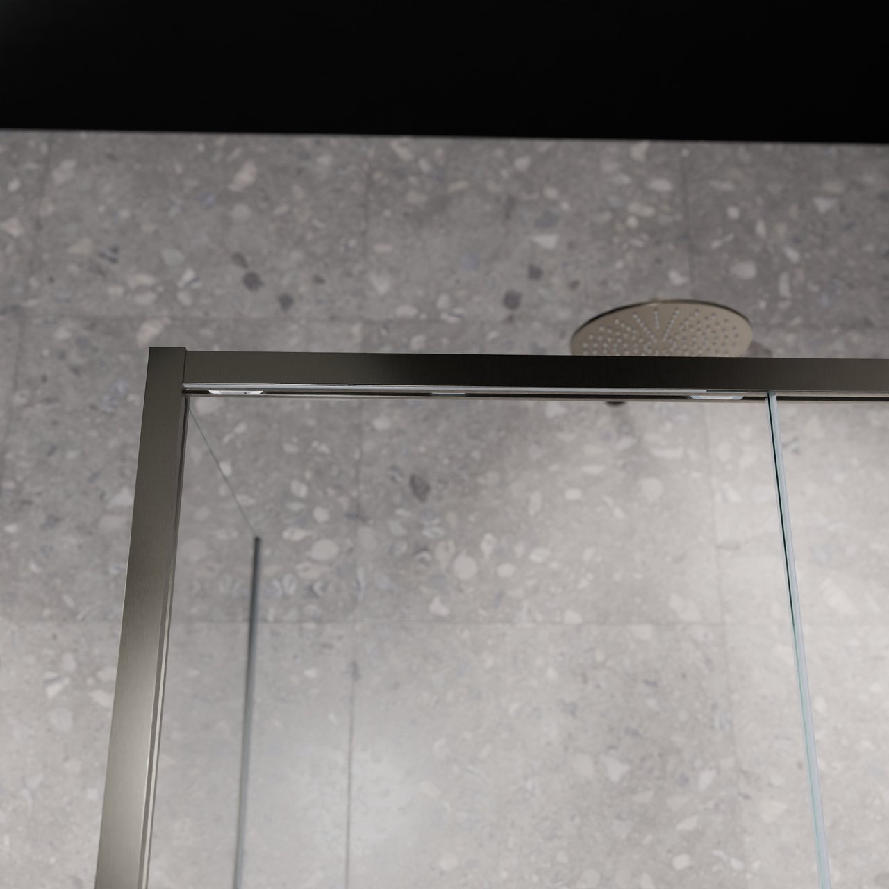 Balmani Senses Design douche d'angle avec porte coulissante à droite et paroi latérale fixe, 140 x 80 cm, Verre transparent, Profil Brushed GunMetal, coating inclus