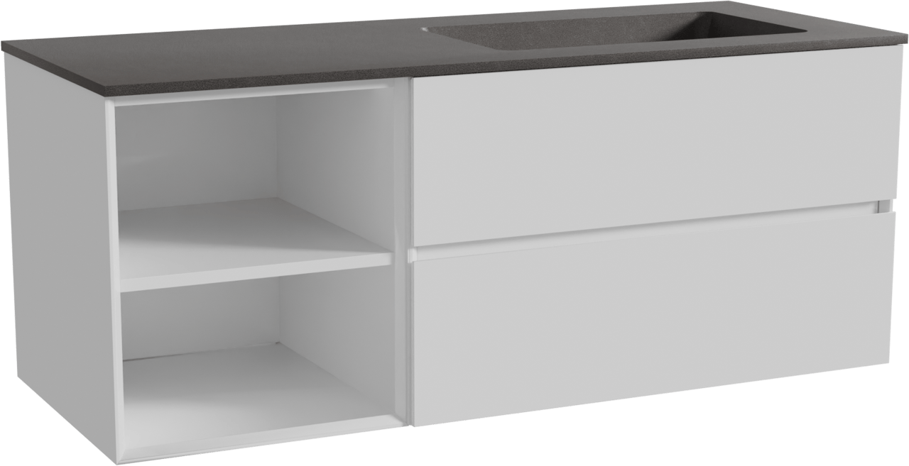 Storke Edge zwevend badmeubel 130 x 52 cm hoogglans wit met Scuro asymmetrisch rechtse wastafel in kwarts mat zwart