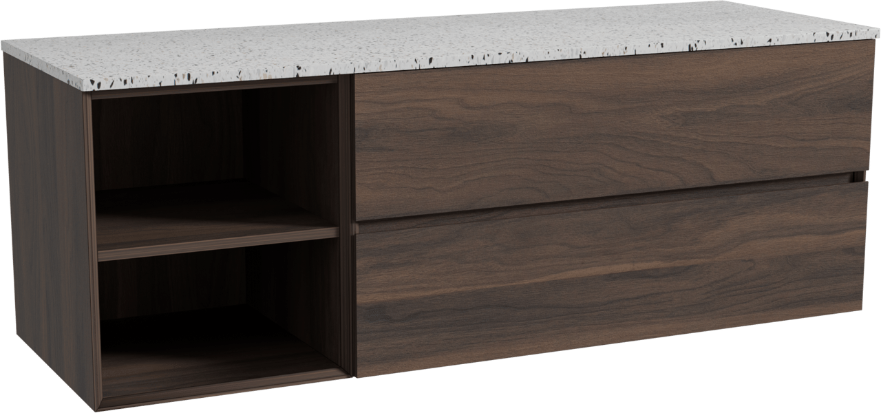 Storke Edge zwevend badkamermeubel 150 x 52 cm notelaar met Tavola enkel of dubbel tablet in mat wit/zwart terrazzo