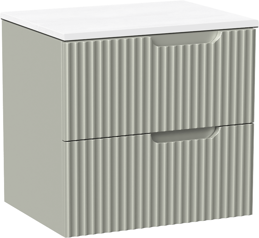 Linie Ribbo zwevend badkamermeubel 60 x 46 cm greige met Lado enkel tablet in composietmarmer mat wit, Verticale symmetrische ronde ribbel