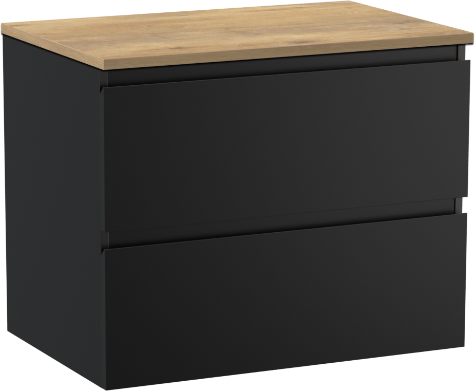 Linie Lado hängendes Möbelstück Set: 70 x 46 cm, Schwarz matt, mit Lado Einzel Waschtischplatte, Melamin Naturbelassene Eiche