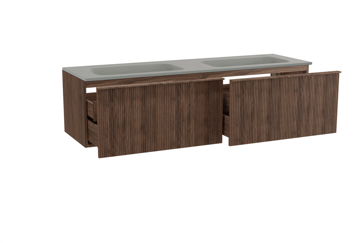 Balmani Forma zwevend badmeubel 180 x 55 cm amerikaans notenhout met Tablo Strada dubbele wastafel in composietmarmer zijdegrijs, Verticale symmetrische rechte ribbel