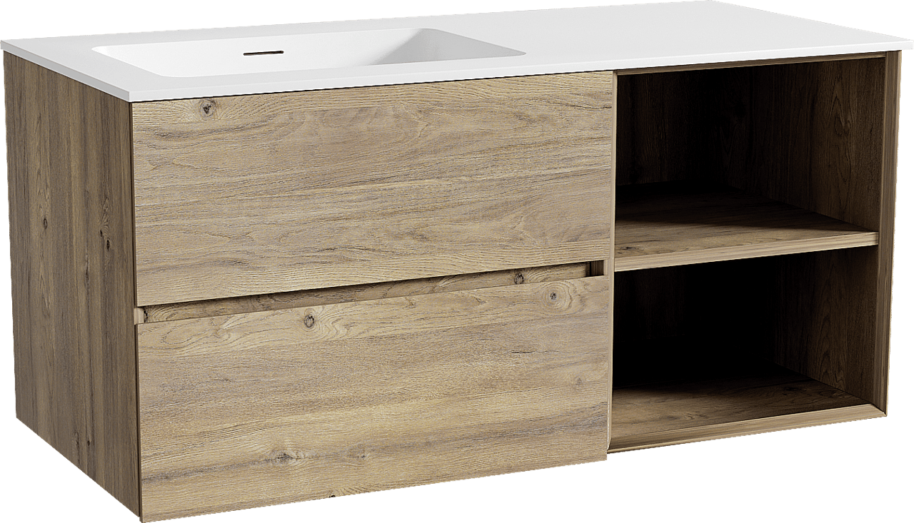 Storke Edge hängendes Möbelstück Set: 110 x 52 cm, Rohe Eiche, mit Mata Waschtisch links, Solid Surface Weiß matt